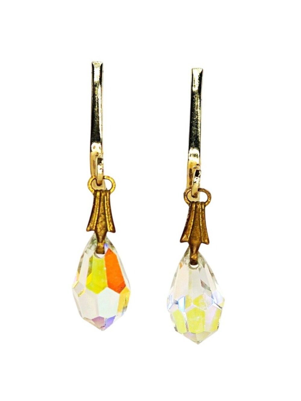 Vintage Aurora Borealis Teardrop Clip-On Earrings – Rhinestone Dangle, Gold Tone